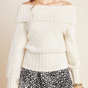 Anthropologie Margo Off The Shoulder Puff Sleeve White Sweater Women's Size XS